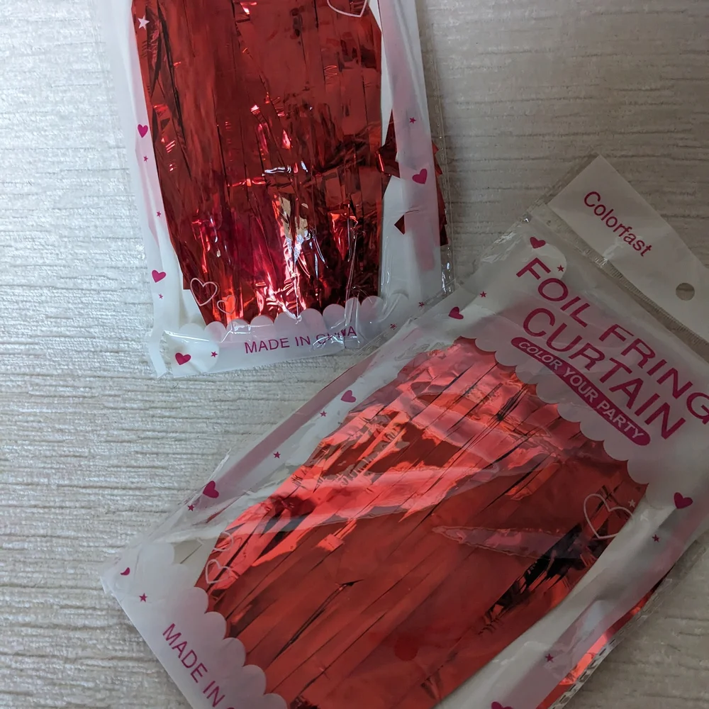 Red Foil Fringe Curtains Set Of Two, Each Is Roughly 3 Ft Wide And 6.5 Ft Long